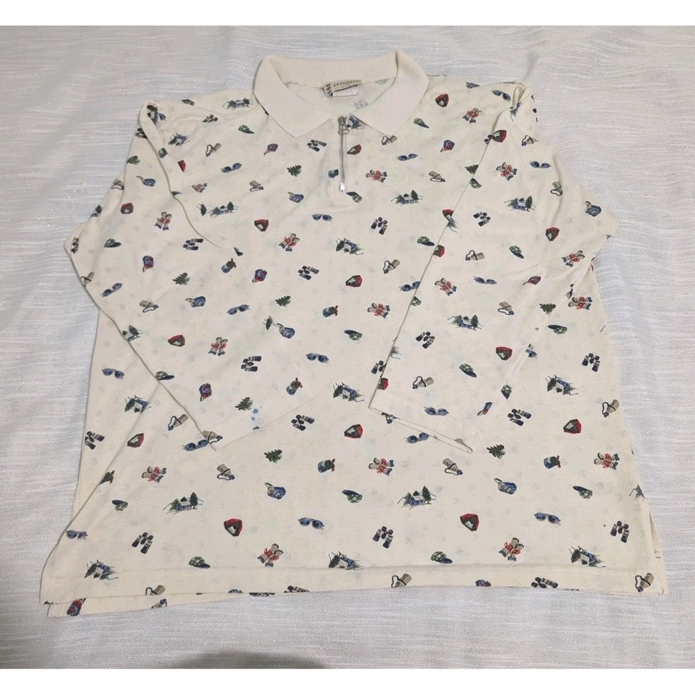 Vintage Enchante‎ USA Made Alpine Cabin Outdoor Novelty Print Zip Polo Medium